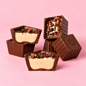 Dark chocolate with mocha cream filling and cocoa nibs