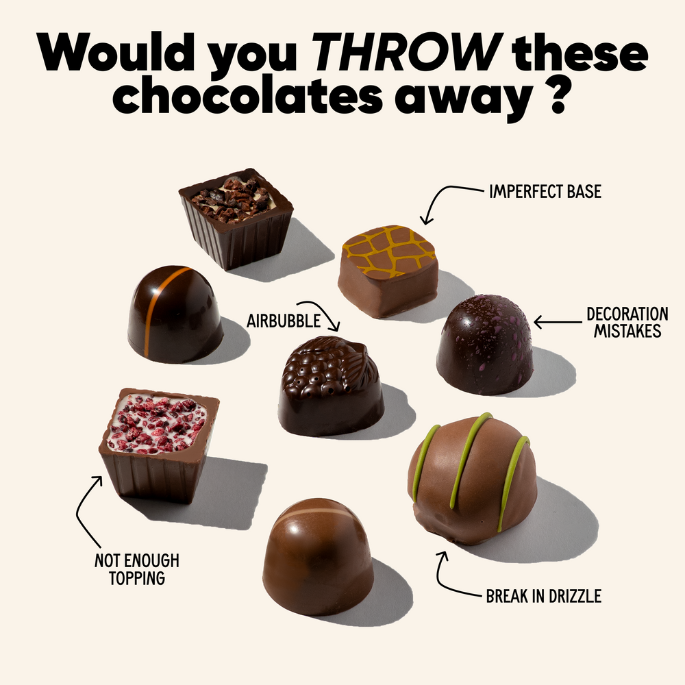 A promotional graphic showing several chocolate pralines with humorous labels pointing out flaws like 'IMPERFECT BASE,' 'AIRBUBBLE,' 'DECORATION MISTAKES,' 'NOT ENOUGH TOPPING,' and 'BREAK IN DRIZZLE,' under the headline 'Would you THROW these chocolates away ?' on a light beige background.